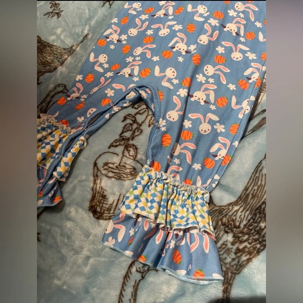 EUC Marie Nicole Easter Bunny Patterned Ruffle Jumpsuit